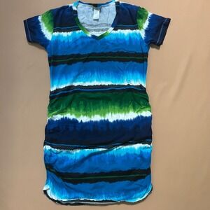 Tommy‎ Bahama Dress Blue Green Tie Dye Ruched Bodycon V Neck Large Stretch Beach